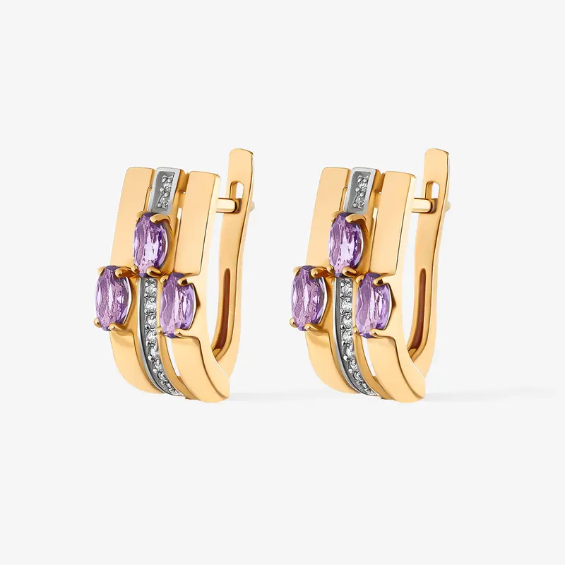 Серьги золотые с аметистами и фианитами